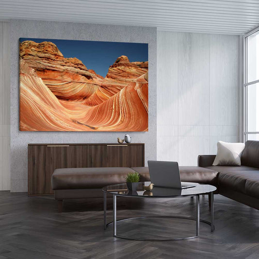 Floral print of Vermilion Cliffs on a stretched canvas displayed from an angle in a room