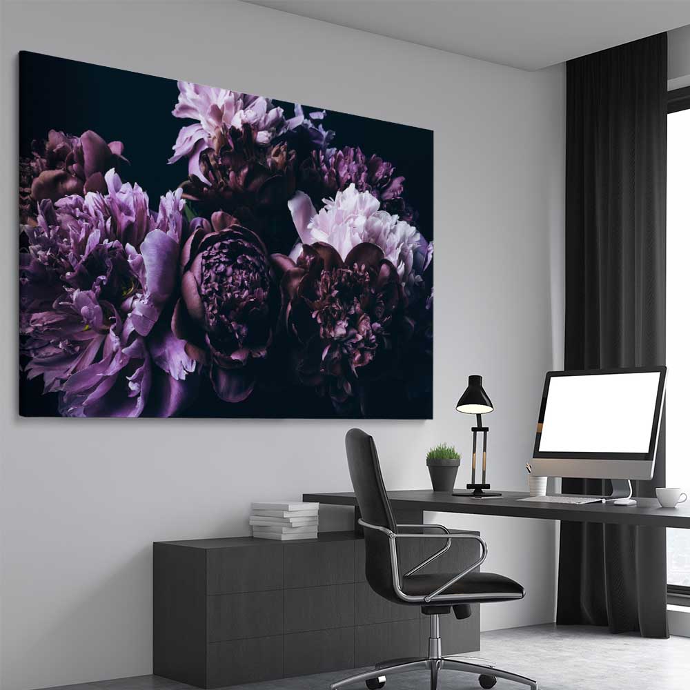 Floral print of Violet Peonies on a stretched canvas displayed from an angle in a room