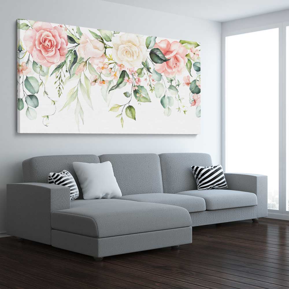 Floral print of Vivid Blossom on a stretched canvas displayed from an angle in a room