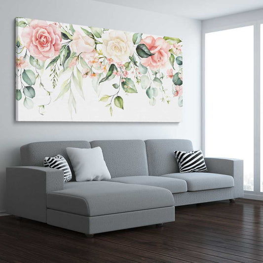 Floral print of Vivid Blossom on a stretched canvas displayed from an angle in a room