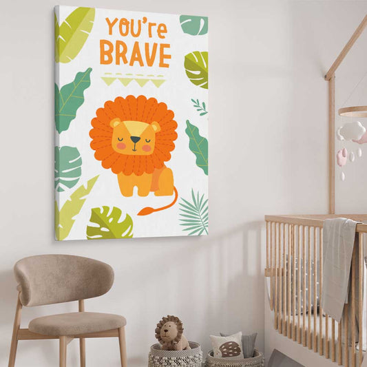 Be Brave stretched canvas displayed from an angle in a room is a nursery canvas wall art and print suited for childrens nursery area