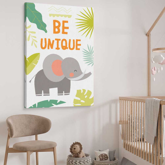 Be Unique stretched canvas displayed from an angle in a room is a nursery canvas wall art and print suited for childrens nursery area