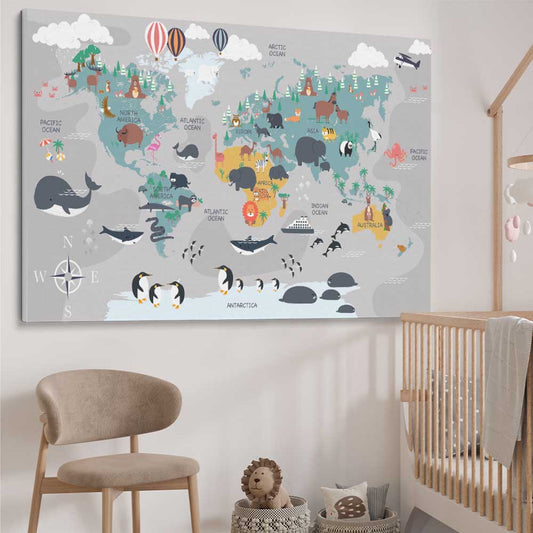 Cartoon World Map stretched canvas displayed from an angle in a room is a nursery canvas wall art and print suited for childrens nursery area