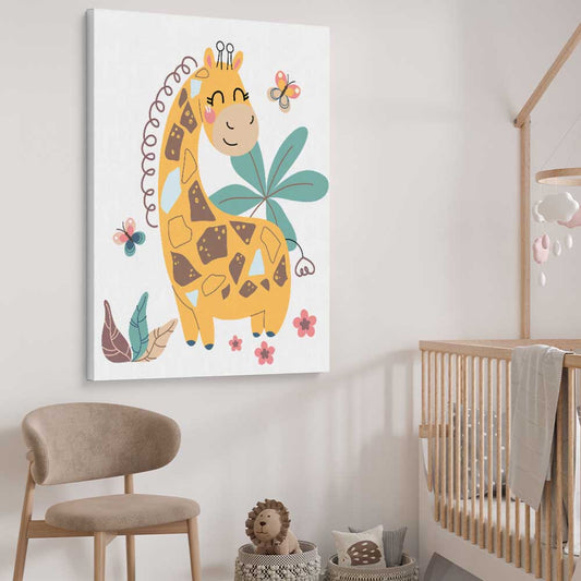 Cheerful Giraffe stretched canvas displayed from an angle in a room is a nursery canvas wall art and print suited for childrens nursery area