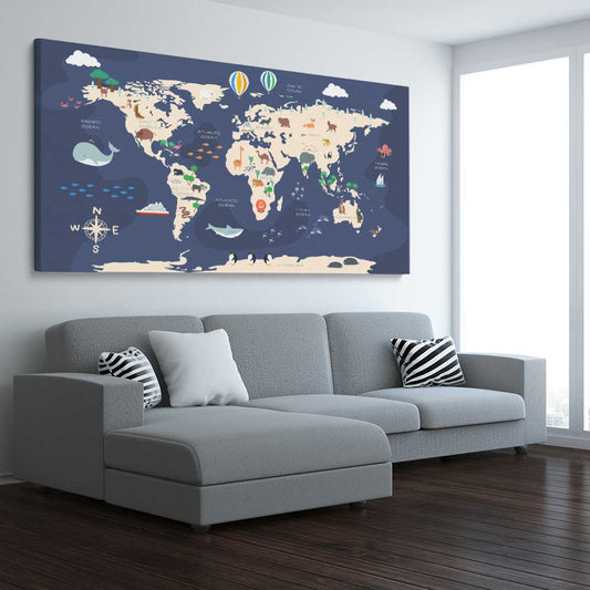 Discovery Map stretched canvas displayed from an angle in a room is a nursery canvas wall art and print suited for childrens nursery area