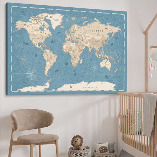 Education Map Blue stretched canvas displayed from an angle in a room is a nursery canvas wall art and print suited for childrens nursery area