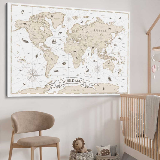 Education Map stretched canvas displayed from an angle in a room is a nursery canvas wall art and print suited for childrens nursery area
