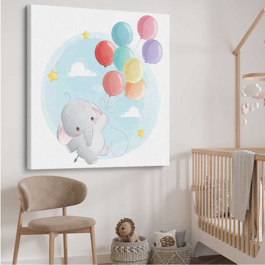 Flying Baby Elephant stretched canvas displayed from an angle in a room is a nursery canvas wall art and print suited for childrens nursery area