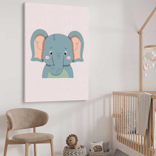 Friendly Elephant stretched canvas displayed from an angle in a room is a nursery canvas wall art and print suited for childrens nursery area