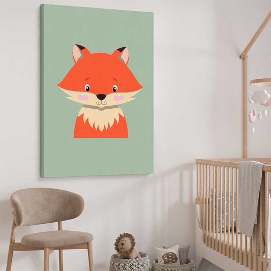 Friendly Fox stretched canvas displayed from an angle in a room is a nursery canvas wall art and print suited for childrens nursery area