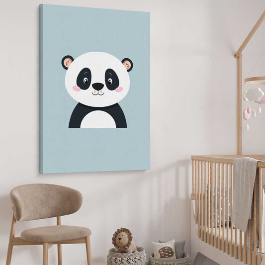 Friendly Panda stretched canvas displayed from an angle in a room is a nursery canvas wall art and print suited for childrens nursery area