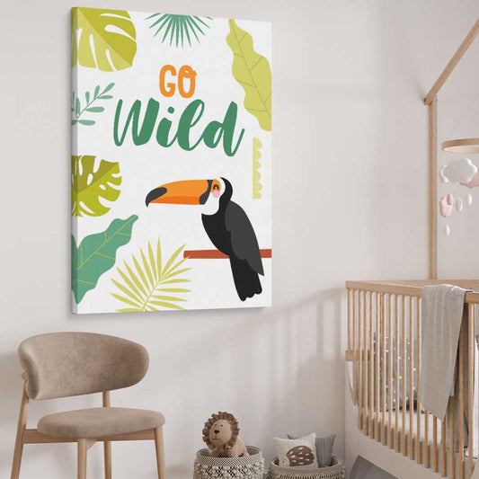 Go Wild stretched canvas displayed from an angle in a room is a nursery canvas wall art and print suited for childrens nursery area