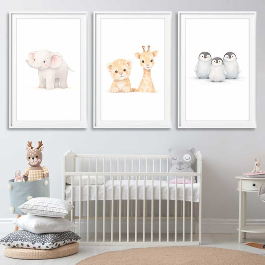 Little Animals Set stretched canvas displayed from an angle in a room is a nursery canvas wall art and print suited for childrens nursery area