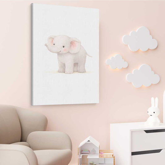 Little Elephant stretched canvas displayed from an angle in a room is a nursery canvas wall art and print suited for childrens nursery area
