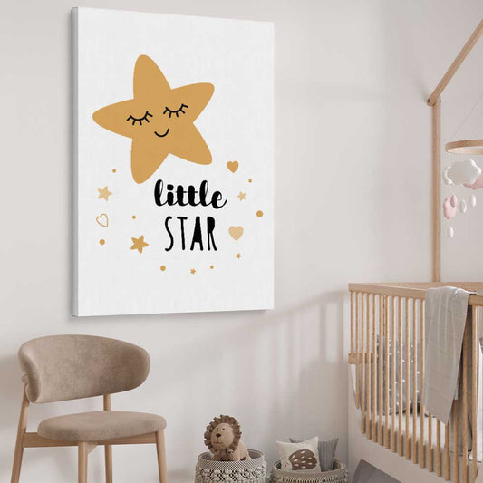 Little Star stretched canvas displayed from an angle in a room is a nursery canvas wall art and print suited for childrens nursery area
