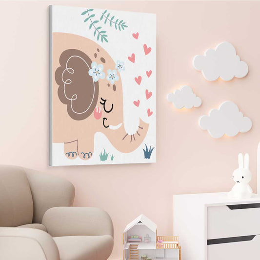 Loving Elephant stretched canvas displayed from an angle in a room is a nursery canvas wall art and print suited for childrens nursery area