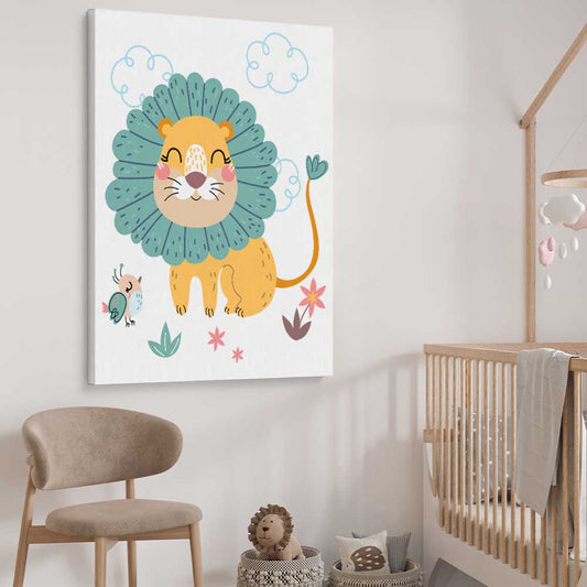 Safari Lion stretched canvas displayed from an angle in a room is a nursery canvas wall art and print suited for childrens nursery area