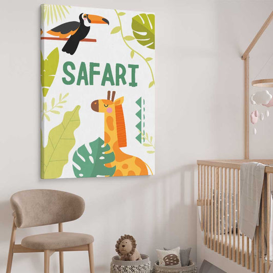 Safari Roaming stretched canvas displayed from an angle in a room is a nursery canvas wall art and print suited for childrens nursery area