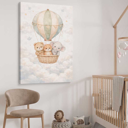 Soaring Animal Trio stretched canvas displayed from an angle in a room is a nursery canvas wall art and print suited for childrens nursery area