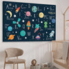 Space Alphabet stretched canvas displayed from an angle in a room is a nursery canvas wall art and print suited for childrens nursery area