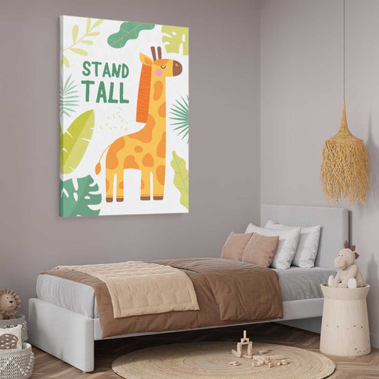 Tall Giraffe stretched canvas displayed from an angle in a room is a nursery canvas wall art and print suited for childrens nursery area