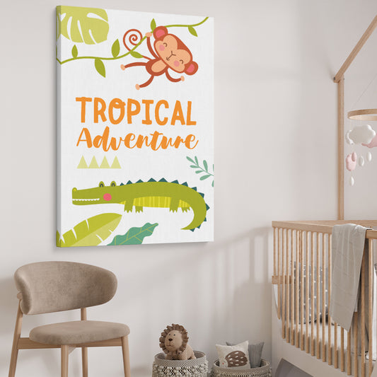 Tropical Adventure stretched canvas displayed from an angle in a room is a nursery canvas wall art and print suited for childrens nursery area