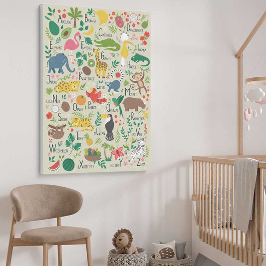 Tropical Alphabet Light stretched canvas displayed from an angle in a room is a nursery canvas wall art and print suited for childrens nursery area