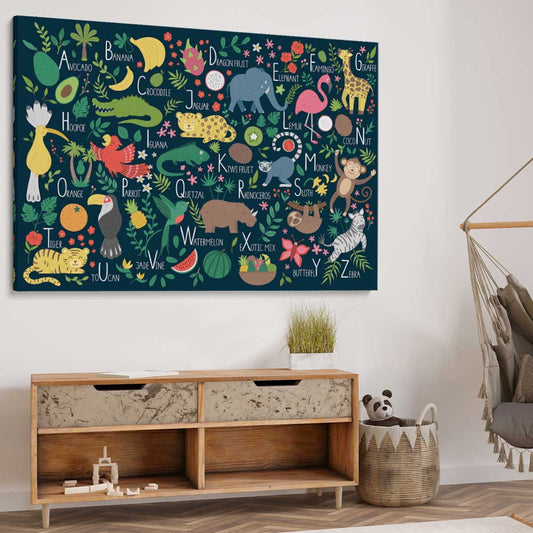 Tropical Alphabet stretched canvas displayed from an angle in a room is a nursery canvas wall art and print suited for childrens nursery area