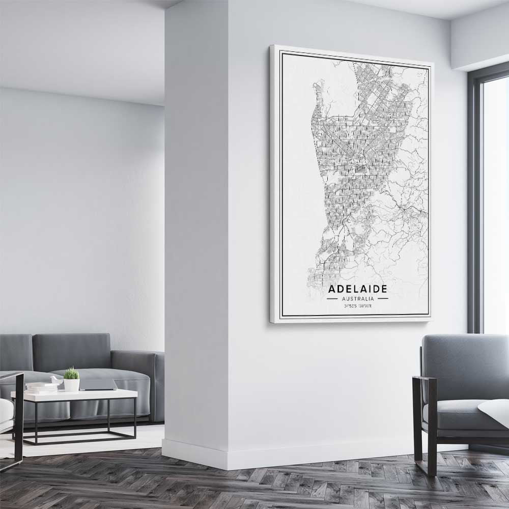 Adelaide City stretched canvas displayed from an angle in a room is a high quality print in our city skyline, travel prints and maps collection