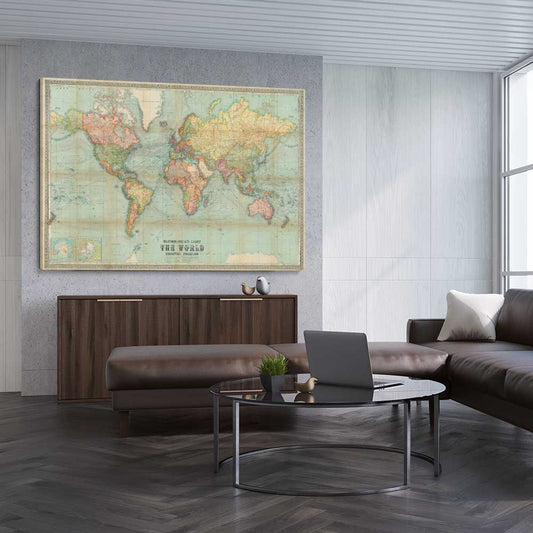 Antique World Colour stretched canvas displayed from an angle in a room is a high quality print in our city skyline, travel prints and maps collection