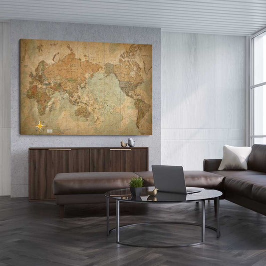 Antique World stretched canvas displayed from an angle in a room is a high quality print in our city skyline, travel prints and maps collection
