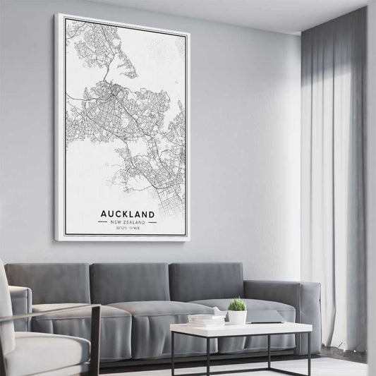 Auckland City stretched canvas displayed from an angle in a room is a high quality print in our city skyline, travel prints and maps collection
