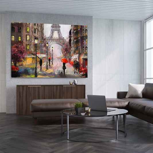 Beautiful Paris stretched canvas displayed from an angle in a room is a high quality print in our city skyline, travel prints and maps collection