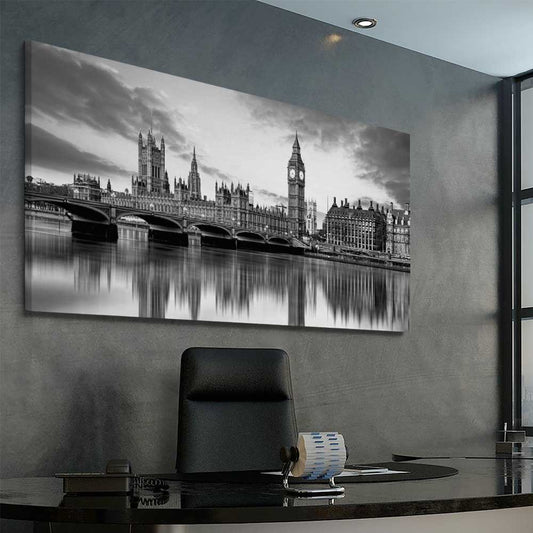 Big Ben London stretched canvas displayed from an angle in a room is a high quality print in our city skyline, travel prints and maps collection