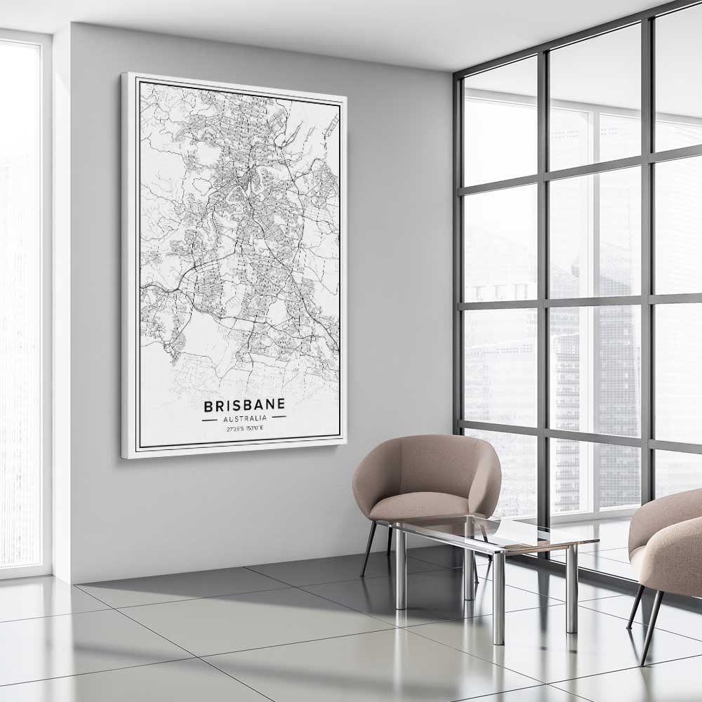 Brisbane City stretched canvas displayed from an angle in a room is a high quality print in our city skyline, travel prints and maps collection