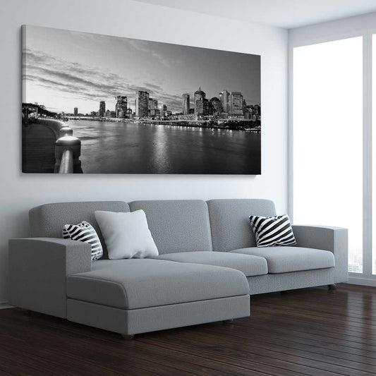 Brisbane Skyline stretched canvas displayed from an angle in a room is a high quality print in our city skyline, travel prints and maps collection