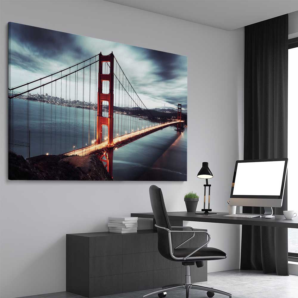 Golden Gate stretched canvas displayed from an angle in a room is a high quality print in our city skyline, travel prints and maps collection