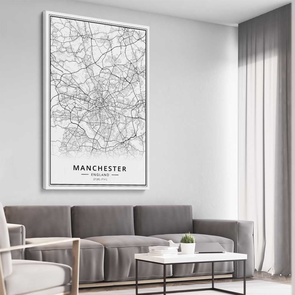 Greater Manchester stretched canvas displayed from an angle in a room is a high quality print in our city skyline, travel prints and maps collection