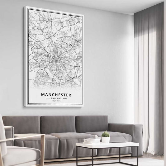 Greater Manchester stretched canvas displayed from an angle in a room is a high quality print in our city skyline, travel prints and maps collection