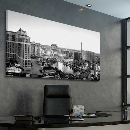 Las Vegas Lights stretched canvas displayed from an angle in a room is a high quality print in our city skyline, travel prints and maps collection