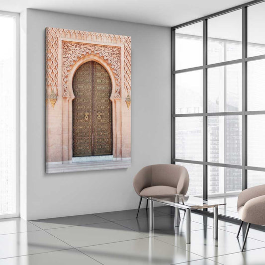 Majestic Door stretched canvas displayed from an angle in a room is a high quality print in our city skyline, travel prints and maps collection