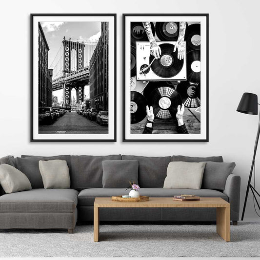 Manhattan Bridge Pair stretched canvas displayed from an angle in a room is a high quality print in our city skyline, travel prints and maps collection