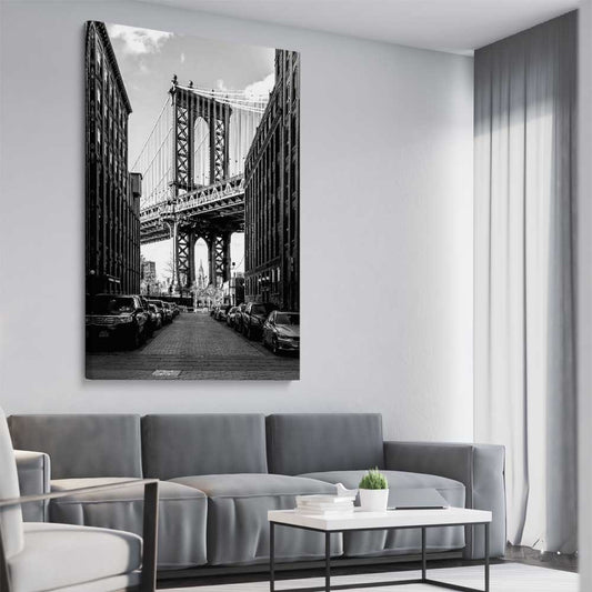 Manhattan Bridge stretched canvas displayed from an angle in a room is a high quality print in our city skyline, travel prints and maps collection