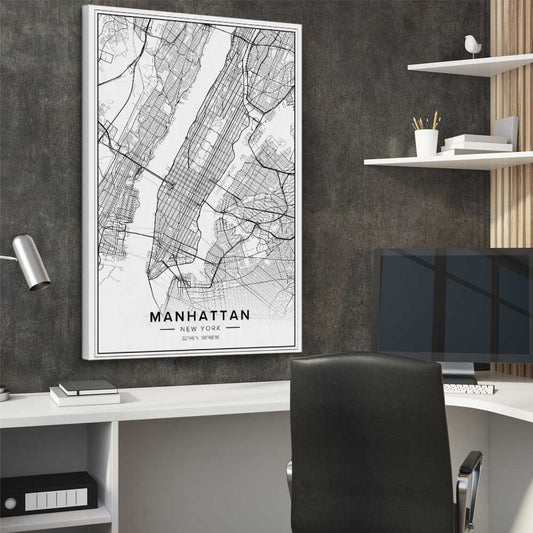 Manhattan City stretched canvas displayed from an angle in a room is a high quality print in our city skyline, travel prints and maps collection
