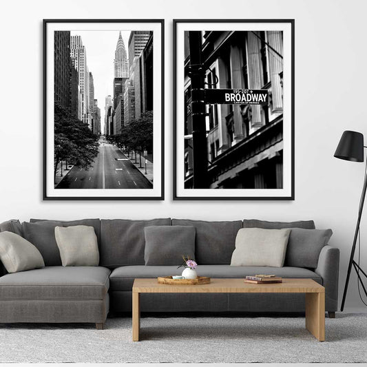 Manhattan Street Pair stretched canvas displayed from an angle in a room is a high quality print in our city skyline, travel prints and maps collection