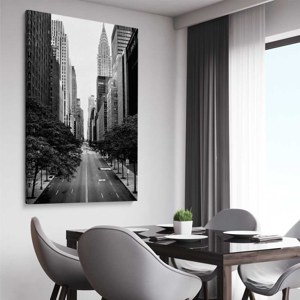 Manhattan Street stretched canvas displayed from an angle in a room is a high quality print in our city skyline, travel prints and maps collection