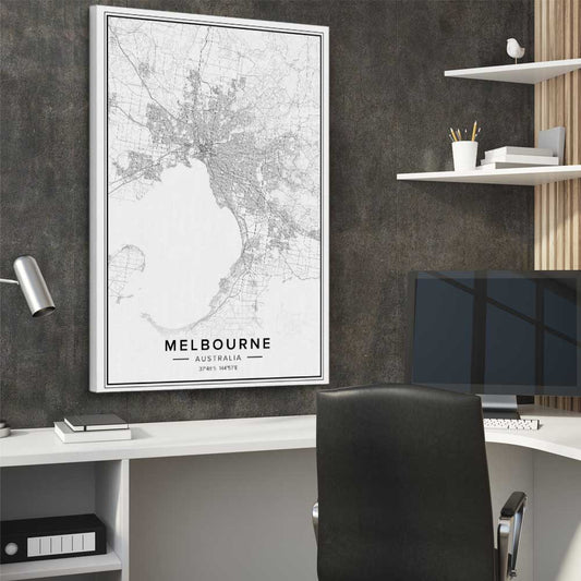 Melbourne City stretched canvas displayed from an angle in a room is a high quality print in our city skyline, travel prints and maps collection