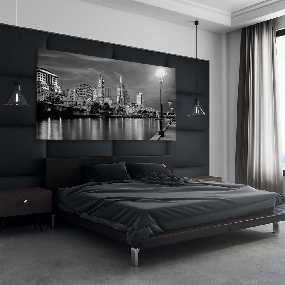 Melbourne Skyline stretched canvas displayed from an angle in a room is a high quality print in our city skyline, travel prints and maps collection