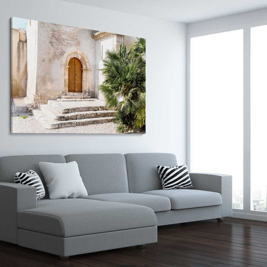 Moroccan Stone Arch stretched canvas displayed from an angle in a room is a high quality print in our city skyline, travel prints and maps collection