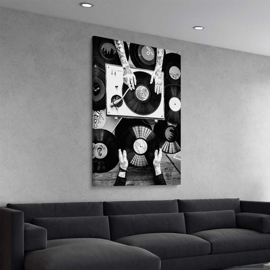 Music Vibes stretched canvas displayed from an angle in a room is a high quality print in our city skyline, travel prints and maps collection